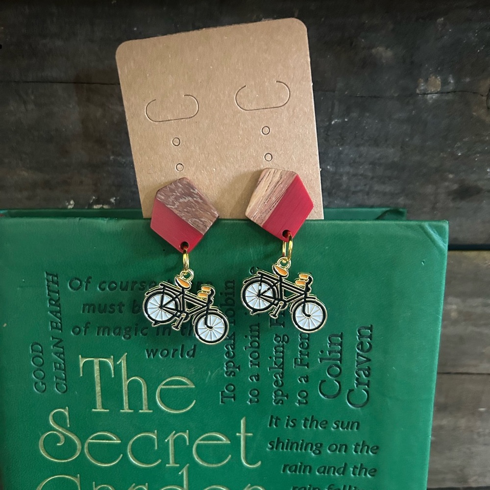 NWT Handmade Red Wood and Resin Bicycle Earrings.